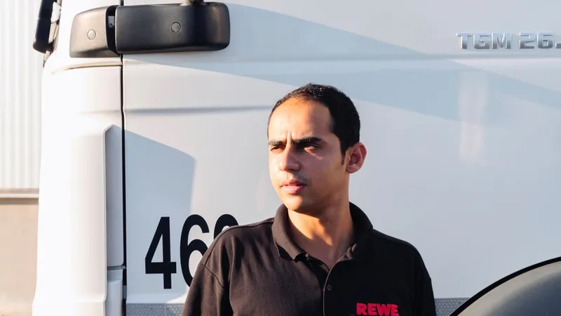 Ein REWE Mitarbeiter steht vor einem LKW