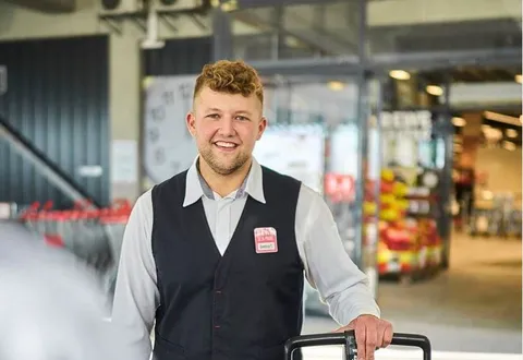Ein Rewe Mitarbeiter transportiert mit einem Hubwagen Blumenerde.