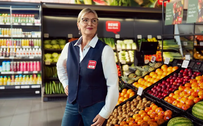 Eine Rewe Mitarbeiterin steht in der Obstabteilung in einem Rewe Markt