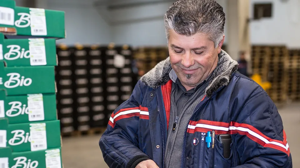 Ein Mitarbeiter aus der Obst und Gemüse Abteilung hält eine Schale Erdbeeren in der Hand