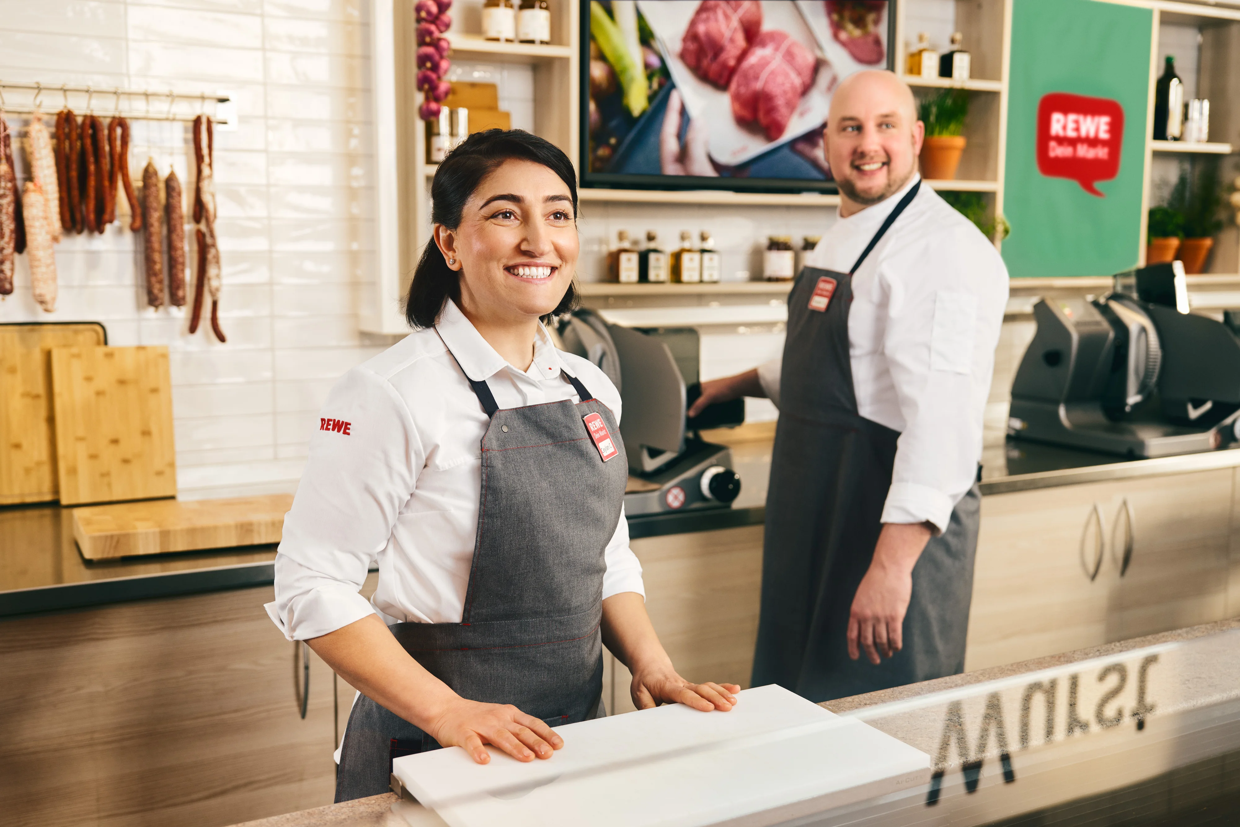 Zwei REWE Mitarbeitende stehen gemeinsam an der Frischetheke eines REWE Markts.