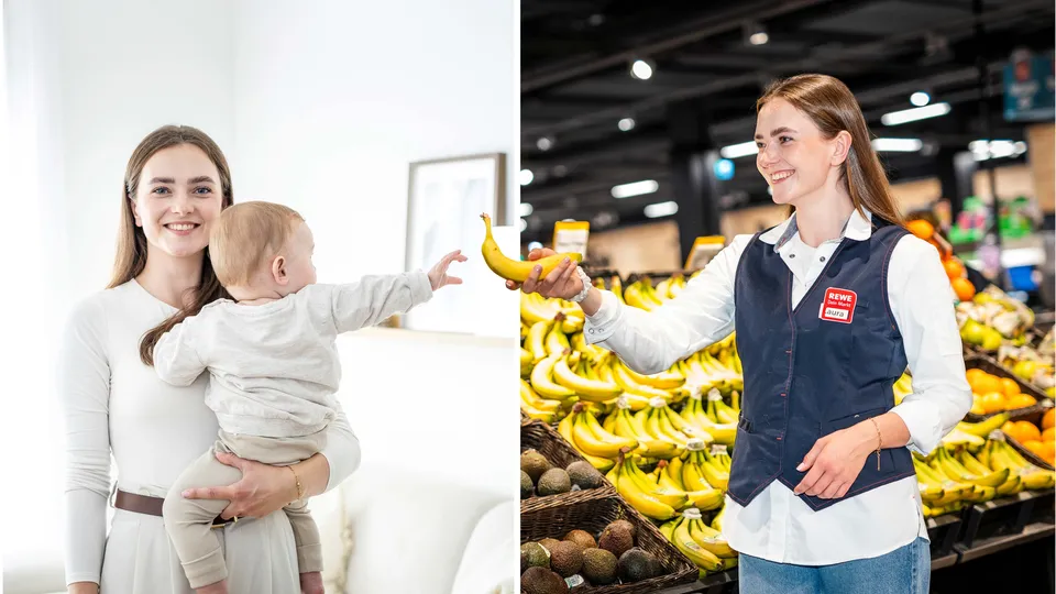 Ein REWE Markt Mitarbeiter in Privatkleidung, der den Ausgleich zwischen Beruf, Familie und Privatleben bei REWE wertschätzt